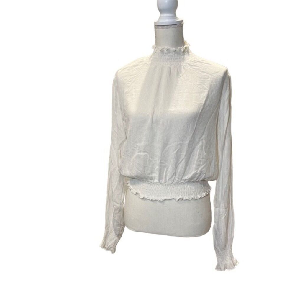 Heart & Hips High‎ Neck Romantic Top Smocked Long Sleeve White Large